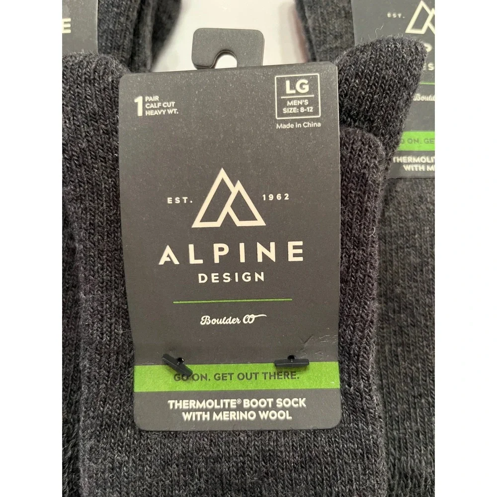 Alpine Design 3 Pair‎ Thermolite Boot Socks with Merino Wool Gray Size Large